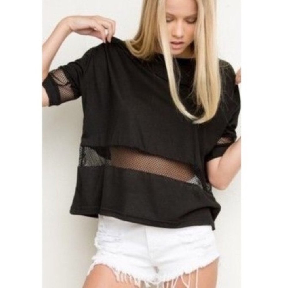 Brandy Melville Black Mesh Fishnet Jersey Tee